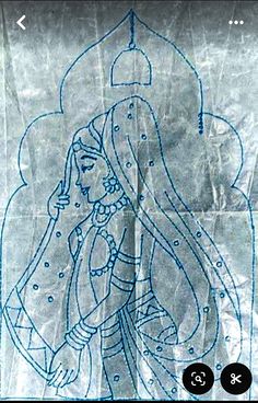 an old paper with a drawing of a woman in blue and white clothes on it