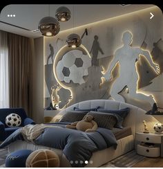 a bedroom decorated in blue and white with soccer themed wallpaper