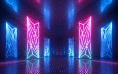 an empty room with bright neon lights in it