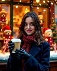 a woman holding a cup of coffee in front of a store window with christmas decorations