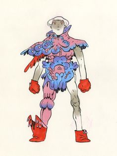 a drawing of a person with red boots and a pink bird on their arm, standing in front of a white background