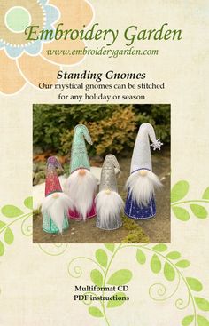 three gnomes with white and green hair are sitting in front of a flowered background