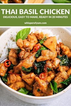 thai chicken with spinach and rice in a white bowl