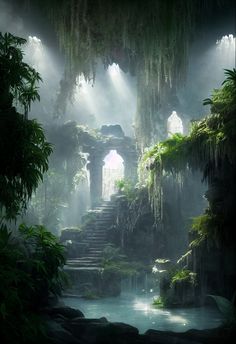 an image of a waterfall in the jungle with light coming from it's windows