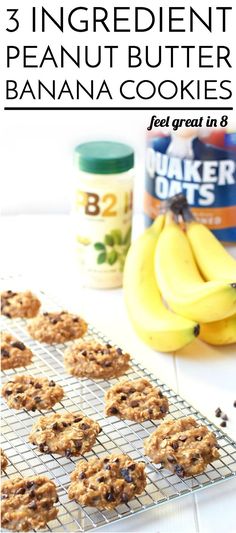 oatmeal cookies cooling on a rack next to some bananas and other ingredients