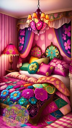 this is a painting of a bedroom with pink and purple decor on the bed, chandelier hanging from the ceiling