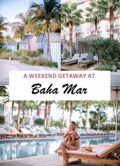 a woman sitting on top of a wooden chair next to a pool and palm trees