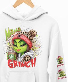 a white hoodie with the words mama grin on it and an image of a cartoon character