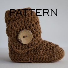 a crocheted brown boot with a button on the side and text overlay that reads, pattern