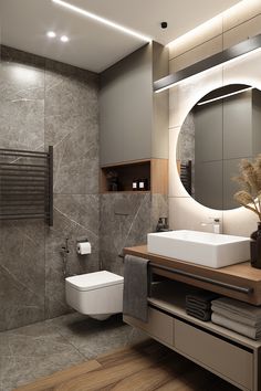 a bathroom with a toilet, sink and mirror in it's center wall area