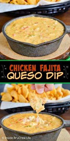 chicken fajita queso dip with tortilla chips