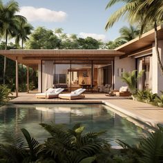 an artist's rendering of a pool house with lounge chairs and palm trees surrounding it