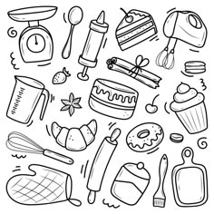 a black and white drawing of kitchen utensils, including cake, ice cream, butter, spoons, measuring tape, spatula