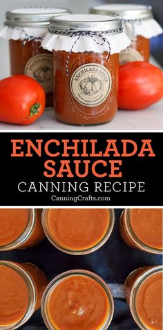 enchilada sauce in jars with tomatoes on the side and text overlay reading enchilada sauce canning recipe