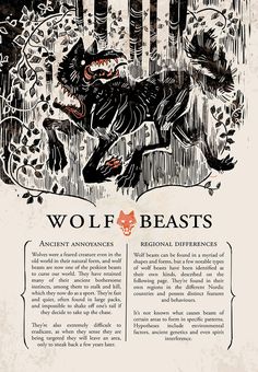 an illustration of a wolf in the woods, with text below it that says wolf beasts