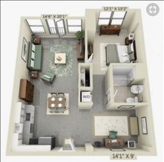 the floor plan for a two bedroom apartment with an attached kitchen and living room area