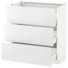 a white cabinet with three drawers on each side and one drawer open to show the bottom