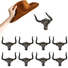 PRICES MAY VARY. Western Cowboy Hat Rack--This cowboy hat organizer features a unique design that combines elements of the western longhorn. With its antique rust color, it exudes the authentic style of the Wild West. Even without the cowboy hat hung on it, it still becomes a small piece of art on your wall. Unique Cowboy Hat Holder--This stylish hat holder measured with 5.5x4.3x2.7 in, designed to hold or display your cowboy/cowgirl hats, the bull horn with certain angle which ensuring cowboy h Hats On Wall Display, Cowboy Hat Holder, Cowboy Hat Display, Cowboy Hat Wall, Cowboy Hat Rack, Western Wall Decor, Bull Horns, Hat Holder, Hat Hanger