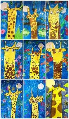 several pictures of giraffes with different colors and sizes