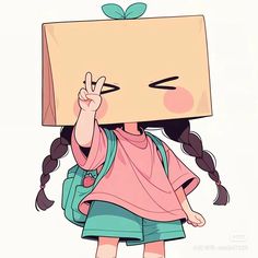 a girl is carrying a box on her head with one hand and holding the other