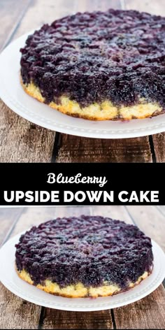 upside down blueberry upside down cake on a white plate with the words upside down below it