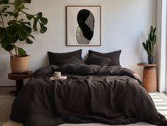 the bed is made with black linens and has a potted plant next to it