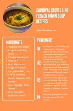 an orange menu with instructions on how to prepare the soup for dinner or desserts