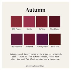 True Autumn Purple, Pink For Deep Autumn, Soft Autumn Wedding, Red Purple Color Palette, Soft Autumn Red, House Of Color Autumn, True Autumn Hair Color, Dark Autumn Color Palette, Deep Autumn Makeup