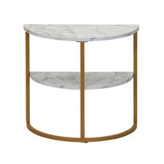 a white marble and gold metal shelf with two shelves on one side, the top half is