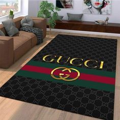 a living room area rug with a gucci logo on the front and back side