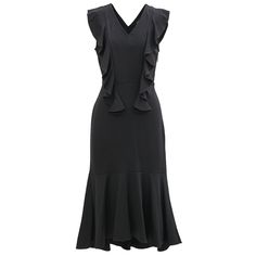 A comfortable and feminine dress, raised with ruffles along the bust and back. Near the body line with V neckline and flared skirt volume of a wide ruffle. To wear during the day and in the evening for a glamorous and delicate look. Main fabric: 62% Viscose, 33% Nylon, 5% Elastane Machine wash gentle cycle (30 degrees max) Elegant Flared Hem Midi Dress For Spring, Chic Midi Dress With Flared Hem For Evening, Spring Elegant Midi Dress With Flared Hem, Elegant Spring Midi Dress With Flared Hem, Elegant Midi Dress With Ruffled Skirt, Elegant Dresses With Ruched And Ruffled Straps, Formal Fitted Midi Dress With Ruffled Straps, Elegant Ruched Midi Dress With Ruffled Straps, Elegant Fit And Flare Midi Dress With Flared Hem