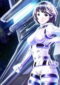 a woman in futuristic garb standing next to a space station