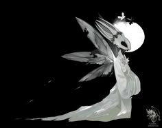 a woman dressed in white is flying with her wings spread out and the moon behind her