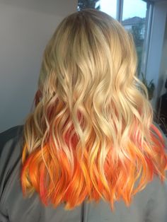 Blonde Sunset Hair, Orange And Yellow Highlights, Red Orange Yellow Peekaboo Hair, Blonde With Orange Underneath, Blonde Hair With Orange Underneath, Blond With Colored Tips, Orange With Blonde Hair, Red Dip Dye Hair Blonde, Blonde With Orange Peekaboo