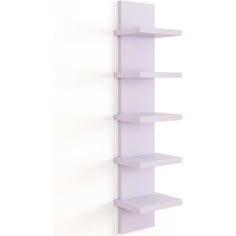 a white wall shelf with three shelves on each side and one is empty, the other has