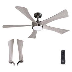 a ceiling fan with three blades and a remote control in front of the light fixture