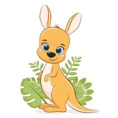 a cartoon kangaroo sitting in the grass with leaves around it's neck and eyes wide open