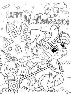 a coloring page for halloween with a horse pulling a pumpkin carriage and the words happy halloween