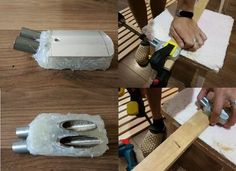 four pictures showing the process of making a wooden chair leg rest with woodworking tools