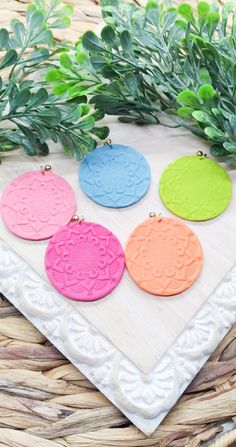 four different colored discs sitting on top of a white cloth next to some green leaves