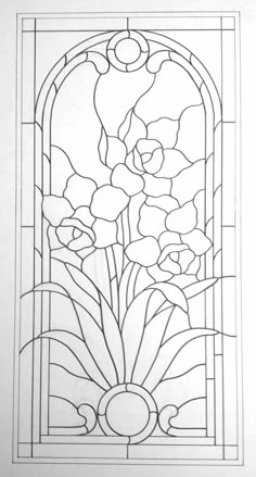 a drawing of a stained glass window with flowers