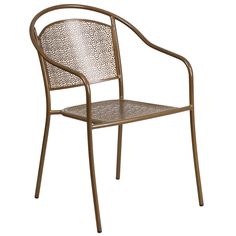 a brown metal chair with armrests and seat cushion on an isolated white background