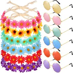 six pairs of sunglasses with flowers on them and one pair of sun glasses in different colors