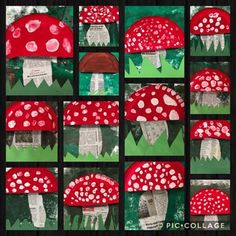 a collage of red mushrooms with green grass and trees in the background, made out of paper