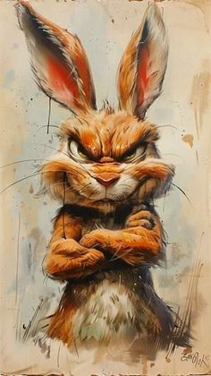 a painting of a rabbit with its arms crossed in front of it's face