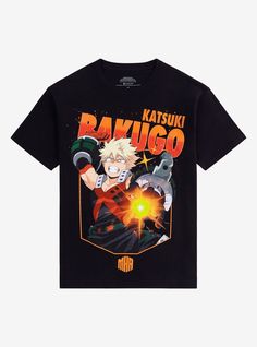 Make way for Great Explosion Murder God Dynamight! Rep your favorite hero with this tee from My Hero Academia  featuring a jumbo portrait of Bakugo in his hero costume and the MHA emblem at the bottom.100% cottonWash cold; dry lowImportedListed in men'sunisex sizes Bakugou's Skull Shirt, My Hero Academy Logo, Mha Merch Clothes, Bakugo Clothes, Mha Outfit Ideas, Bakugo Hot, Roblox Shirt Ideas, Mha Merch, My Hero Academia Dabi