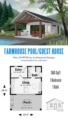 the floor plan for a small house with an attached porch and living area, including a covered