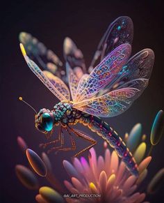 a colorful dragonfly sitting on top of a flower