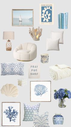 a collage of blue and white decor