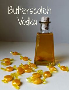 an image of a bottle with some food on it and the words butterscotch vodka